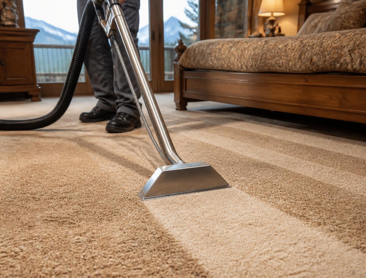 Professional carpet cleaning wand with hot water extraction on carpet in a mountain cabin bedroom