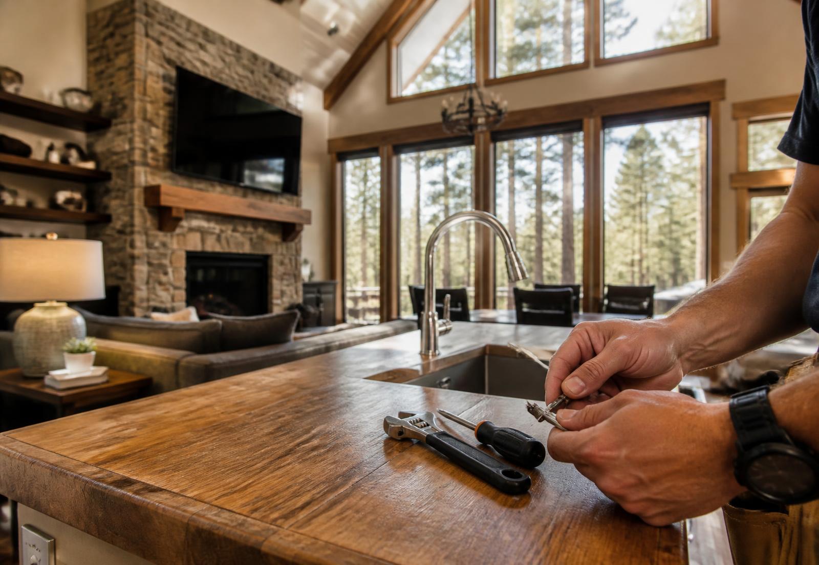 Handyman working inside a beautiful mountain vacation home in the White Mountains of Arizona