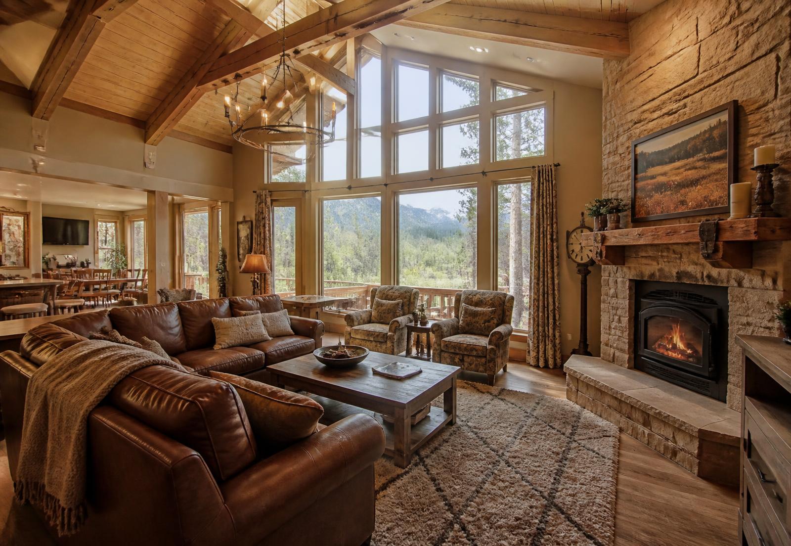 Beautiful mountain vacation home living room with leather sofas, stone fireplace, and forest views through large windows